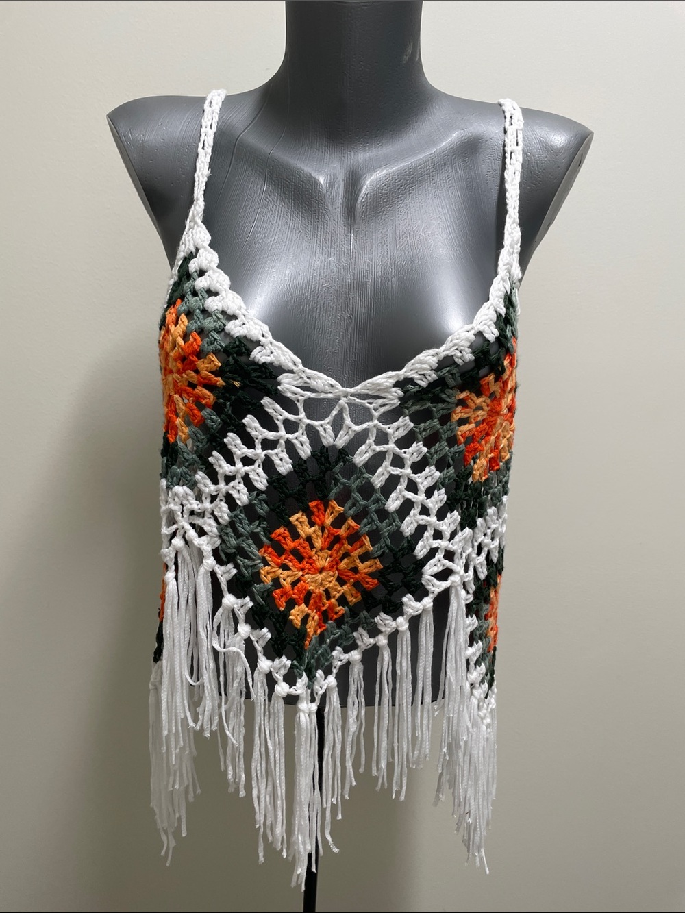 Crochet Fringe Camisole in White with Orange & Green Accent